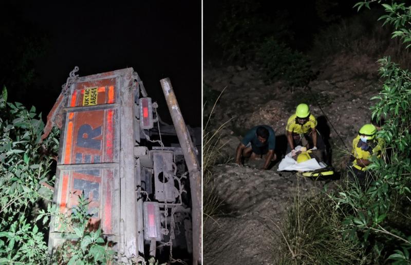 अनियंत्रित होकर गहरी खाई में गिरा ट्रक, SDRF ने घायल चालक को निकाला सुरक्षित